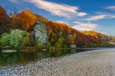 Sonbaharda şelalenin manzarası. Sonbahar renklerinde şelale. Sonbahar manzarasında dağ nehri. Ukrayna, Stryj Nehri.