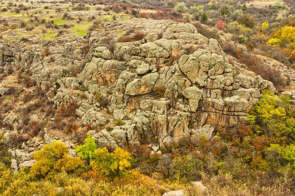 Un gran número de minerales de piedra cubiertos de vegetación verde que yace sobre un pequeño río en la pintoresca Ucrania y su hermosa naturaleza —  Fotos de Stock