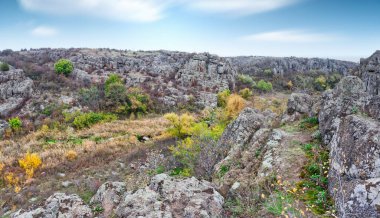 Resimli Ukrayna 'daki küçük bir nehrin üzerinde yeşil bitki örtüsüyle kaplı çok sayıda taş minerali ve onun güzel doğası.