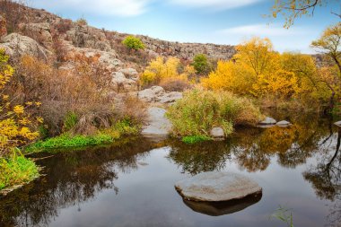 Güzel bir kanyon boyunca akan küçük, harika bir göl. Suda kocaman kapaklar var. Ukrayna.