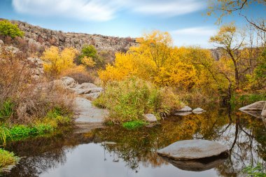 Güzel bir kanyon boyunca akan küçük, harika bir göl. Suda kocaman kapaklar var. Ukrayna.