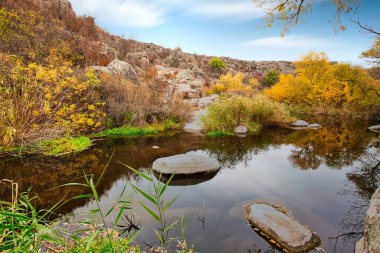 Güzel bir kanyon boyunca akan küçük, harika bir göl. Suda kocaman kapaklar var. Ukrayna.