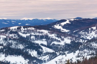 Dağlar ve ormanlarla çevrili mavi gökyüzü ile Slavske kayak yamacı. Karpat Dağları, Ukrayna. 