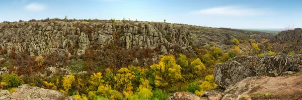 絵のように美しいウクライナの小さな川とその美しい自然の上に横たわる緑の植生に覆われた石の鉱物の多数 — ストック写真
