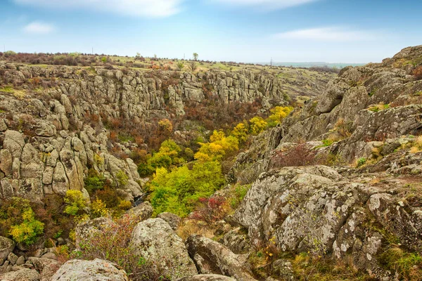 Resimli Ukrayna 'daki küçük bir nehrin üzerinde yeşil bitki örtüsüyle kaplı çok sayıda taş minerali ve onun güzel doğası.