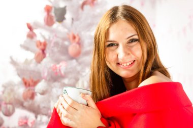 Çekici Noel kız cinsel bir kadın iç çamaşırı. Çıplak vücut. Mevsimlik Noel Satış iskontoları tatil. Seksi Noel Baba kostümlü kadın Noel ağacı süslemeleri