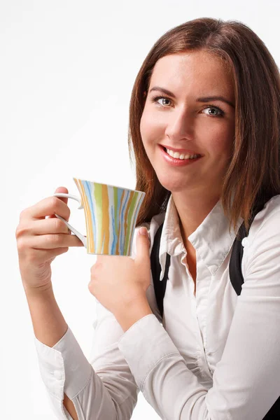 Portrait of pretty young woman with cup of coffee, close up — Stock Photo, Image