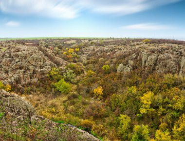 Resimli Ukrayna 'daki küçük bir nehrin üzerinde yeşil bitki örtüsüyle kaplı çok sayıda taş minerali ve onun güzel doğası.