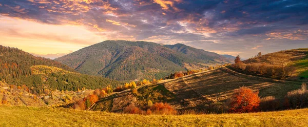 Ukraine. Warm autumn in a village. Picturesque beech, birch and pine forests and Hutsul houses against the backdrop of the Synevyr Pass ridge are very beautiful with bright colors after a fine day. —  Fotos de Stock