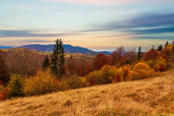 Carpathians, Ukraine. Sunset in the cloudy sky over the autumn forest lake. View from shore level, image in orange-yellow tint. — Zdjęcie stockowe