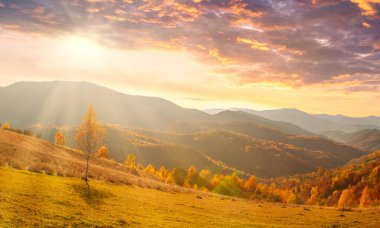 Ukraine. Warm autumn in a village. Picturesque beech, birch and pine forests and Hutsul houses against the backdrop of the Synevyr Pass ridge are very beautiful with bright colors after a fine day.