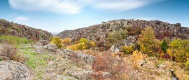 Resimli Ukrayna 'daki küçük bir nehrin üzerinde yeşil bitki örtüsüyle kaplı çok sayıda taş minerali ve onun güzel doğası.