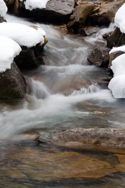 Küçük, aktif bir şelale. Temiz dağ deresi, karlı kış manzarası, vahşi yaşam geçmişi