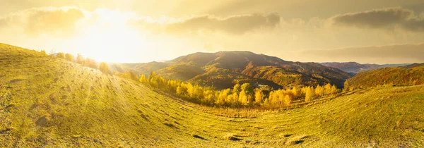 Ukraine. Sonnenaufgang in den Karpaten, farbiger Nebel breitet sich über die Täler und Niederungen der Gebirgskette aus, goldene Prärien sind sehr blendend schön. — Stockfoto
