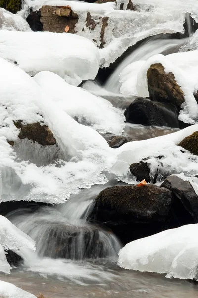 Küçük, aktif bir şelale. Temiz dağ deresi, karlı kış manzarası, vahşi yaşam geçmişi