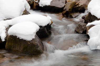 Küçük, aktif bir şelale. Temiz dağ deresi, karlı kış manzarası, vahşi yaşam geçmişi