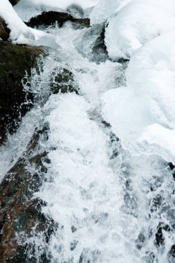 Küçük, aktif bir şelale. Temiz dağ deresi, karlı kış manzarası, vahşi yaşam geçmişi