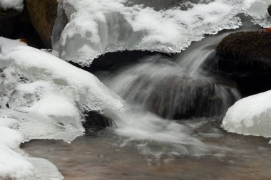 Küçük, aktif bir şelale. Temiz dağ deresi, karlı kış manzarası, vahşi yaşam geçmişi