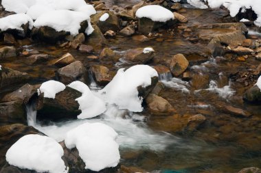 Küçük, aktif bir şelale. Temiz dağ deresi, karlı kış manzarası, vahşi yaşam geçmişi