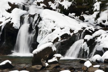 Küçük, aktif bir şelale. Temiz dağ deresi, karlı kış manzarası, vahşi yaşam geçmişi