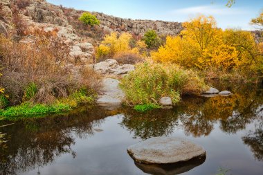 Güzel bir kanyon boyunca akan küçük, harika bir göl. Suda kocaman kapaklar var. Ukrayna.