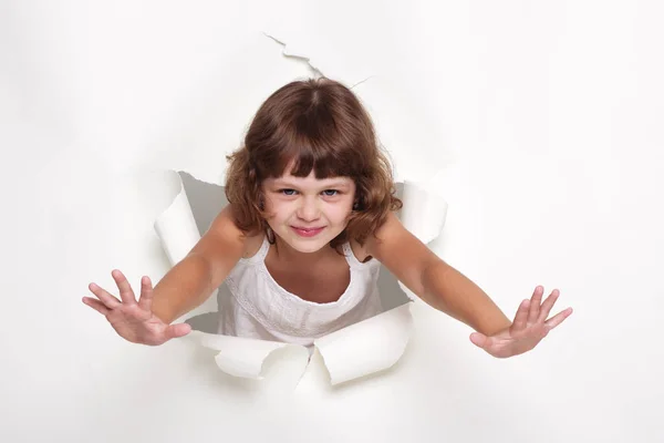 Menina bonita com espaço de cópia branca em um fundo branco — Fotografia de Stock