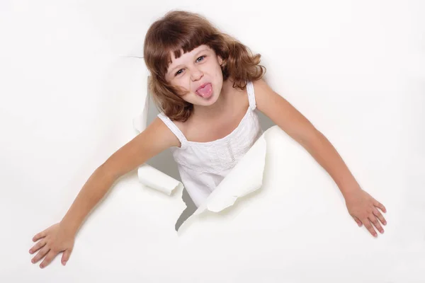 Menina bonita com espaço de cópia branca em um fundo branco — Fotografia de Stock