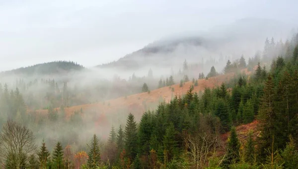 Ukraina, Karpaty. Koniec porannej mgły w jesiennych górach. Krajobraz ze śnieżnymi górami i biegnącą mgłą. — Zdjęcie stockowe