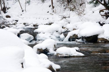 Küçük, aktif bir şelale. Temiz dağ deresi, karlı kış manzarası, vahşi yaşam geçmişi