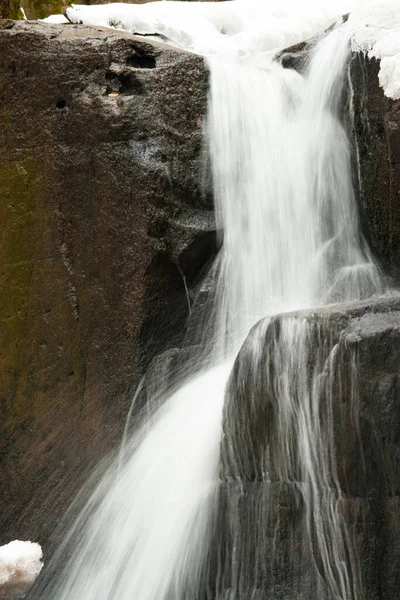 Küçük, aktif bir şelale. Temiz dağ deresi, karlı kış manzarası, vahşi yaşam geçmişi