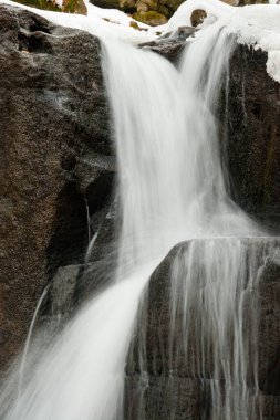 Küçük, aktif bir şelale. Temiz dağ deresi, karlı kış manzarası, vahşi yaşam geçmişi