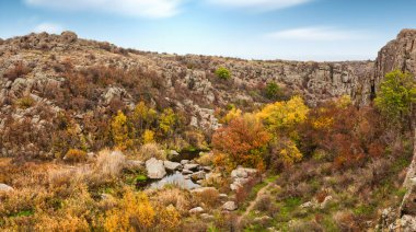 Resimli Ukrayna 'daki küçük bir nehrin üzerinde yeşil bitki örtüsüyle kaplı çok sayıda taş minerali ve onun güzel doğası.