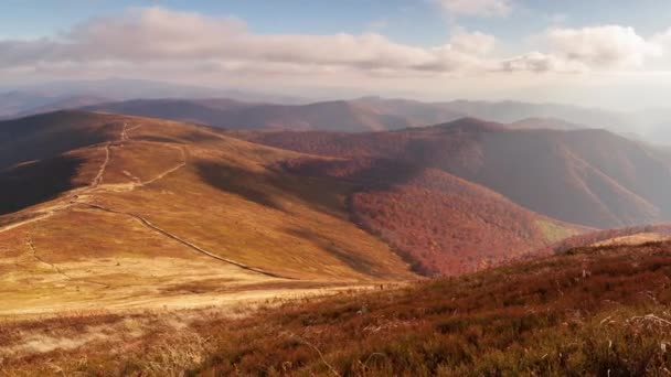 Carpathians, Pylypets, Ukraine. Mountain cloud top view landscape. Timelapse of the Magura-Dzhide mountain range in the Carpathians from the air. Mount Gemba. Shipit Karpat. — Stok video