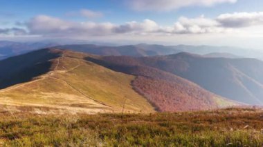 Carpathians, Pylypets, Ukraine. Mountain cloud top view landscape. Timelapse of the Magura-Dzhide mountain range in the Carpathians from the air. Mount Gemba. Shipit Karpat.