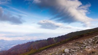 Carpathians, Pylypets, Ukraine. Mountain cloud top view landscape. Timelapse of the Magura-Dzhide mountain range in the Carpathians from the air. Mount Gemba. Shipit Karpat.