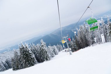 Karpat Dağları, Ukrayna. Güzel kış manzarası. Orman işçisi karla kaplı..