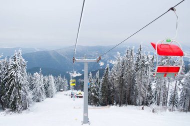 Karpat Dağları, Ukrayna. Güzel kış manzarası. Orman işçisi karla kaplı..