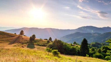 Gün batımında harika bir orman ve çimenli çayır. Altın güneş ufukta beliriyor, günün sonunda. Altın saat boyunca çekim yapmak. Synevyr Geçidi, Karpatlar, Ukrayna 'da dinlenme yeri..
