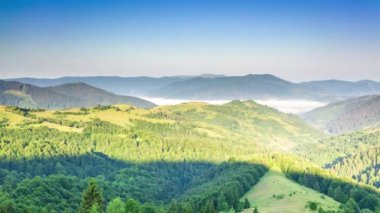 Sun Mountain Range 'de harika bir yaz ormanı. Kimse sonbahar mevsiminde doğa düzenlemez. Sis ve bulutların arasından gün doğumu ışınları. Synevyr Geçidi, Karpatlar, Ukrayna 'da dinlenme yeri..