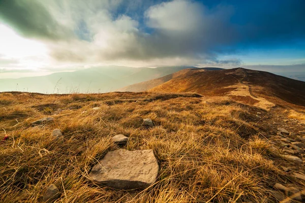 Ukrayna, Magura-Jide dağları ve Karpat dağlarının mavi gökyüzü manzarası. Borzhava dağlarının geniş açık çöl manzaraları. Pylypets, Ulusal Park.