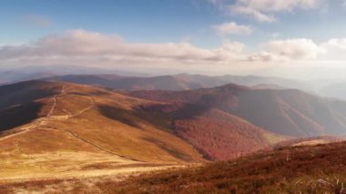 Carpathians, Pylypets, Ukraine. Mountain cloud top view landscape. Timelapse of the Magura-Dzhide mountain range in the Carpathians from the air. Mount Gemba. Shipit Karpat.