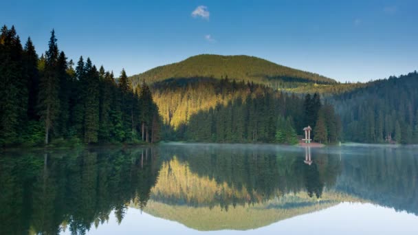Güzel doğa ve bereketli yeşil ormanlar ve Karpatlar 'ın incisinin etrafındaki bitki örtüsüyle harika bir manzara - Synevyr Gölü. Ukrayna 'daki Karpatlar. Büyük köknar üzerinde mistik sis. — Stok video
