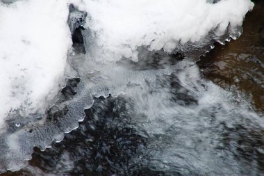 Küçük, aktif bir şelale. Temiz dağ deresi, karlı kış manzarası, vahşi yaşam geçmişi