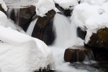 Küçük, aktif bir şelale. Temiz dağ deresi, karlı kış manzarası, vahşi yaşam geçmişi