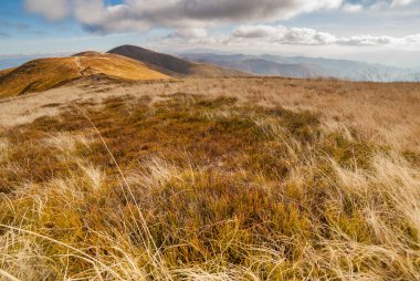Ukrayna, Magura-Jide dağları ve Karpat dağlarının mavi gökyüzü manzarası. Borzhava dağlarının geniş açık çöl manzaraları. Pylypets, Ulusal Park.