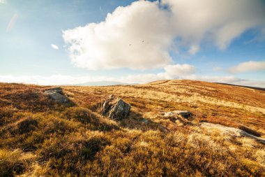 Ukrayna, Magura-Jide dağları ve Karpat dağlarının mavi gökyüzü manzarası. Borzhava dağlarının geniş açık çöl manzaraları. Pylypets, Ulusal Park.