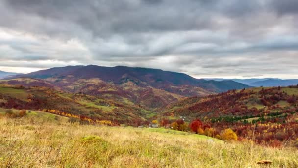 Lapso de tempo Bela natureza de outono e nevoeiro nevoeiro flui ao redor das montanhas pela manhã com luz solar suave. Temporada de outono na montanha dos Cárpatos na Ucrânia — Vídeo de Stock