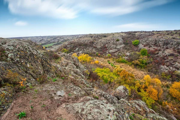 A nagyszámú kőásványok borított zöld növényzet felett fekszik egy kis folyó festői Ukrajnában és a gyönyörű természet — Stock Fotó