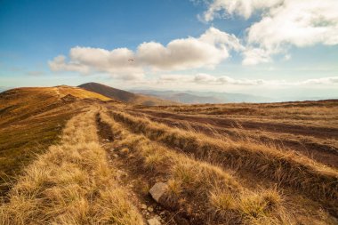 Ukrayna, Magura-Jide dağları ve Karpat dağlarının mavi gökyüzü manzarası. Borzhava dağlarının geniş açık çöl manzaraları. Pylypets, Ulusal Park.