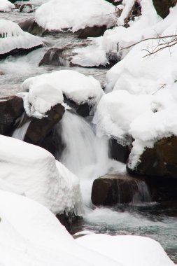 Küçük, aktif bir şelale. Temiz dağ deresi, karlı kış manzarası, vahşi yaşam geçmişi